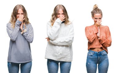 Casual göz üzerinde beyaz giyen genç güzel genç kadın izole bir şey pis ve iğrenç kokulu arka plan, dayanılmaz koku, holding nefes burun parmaklar ile. Kötü kokuyor kavramı.