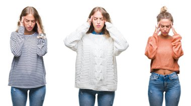 Çünkü baş baş ağrısı için el ile arka plan üzerinde Beyaz Casual göz giyen güzel genç kadın izole genç stres. Migren muzdarip.