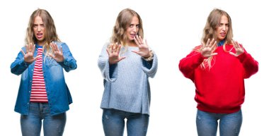 Genç güzel genç kadın beyaz yüzünden şokta bağırarak arka plan korkuyor ve dehşet korku ifade dur hareketi el ile ile izole. Panik kavramı.