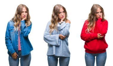 Beyaz izole arka plan düşünme seyir yorgun ve bıkkın ile depresyon sorunları karşılıklı silah olan genç güzel genç kadın.