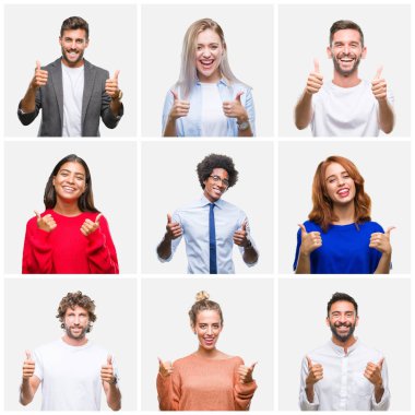 Kolaj bir grup genç insanlar kadın ve erkekler üzerinde el ile pozitif jest yapıyor izole arka plan başarı işareti başparmak gülümseyen ve mutlu. Neşeli bir ifadeyle, kazanan jest kameraya bakıyor.