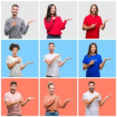 Hayret ve el ile sunulması ve parmak ile işaret ederken kameraya gülümseyen renkli izole arka plan üzerinde gençlerin grup kolaj.