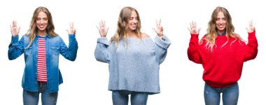 Genç güzel genç kadın gösterilen ve parmakları ile işaret beyaz izole arka plan yüzünden kendinden emin ve mutlu gülümseyerek süre 8 numaralı.