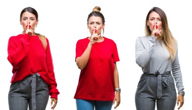 Kolaj dudaklarında parmak ile sessiz olmanı izole arka plan üzerinde genç güzel kadın. Sessizlik ve gizli kavramı.