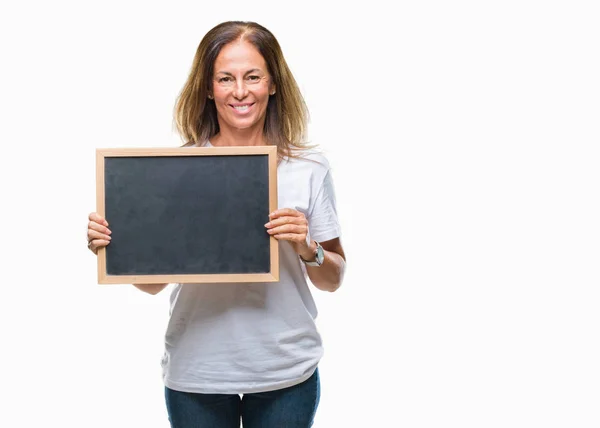 Middelbare Leeftijd Spaanse Vrouw Houdt Van Blackboard Geïsoleerde Achtergrond Met — Stockfoto