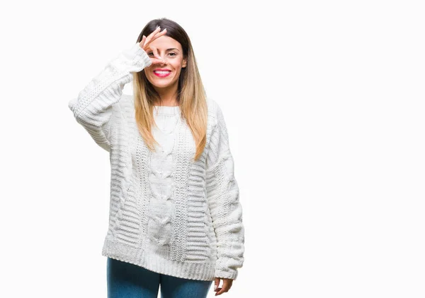 Młoda Kobieta Piękny Sweterek Biały Dorywczo Białym Tle Robi Gest — Zdjęcie stockowe