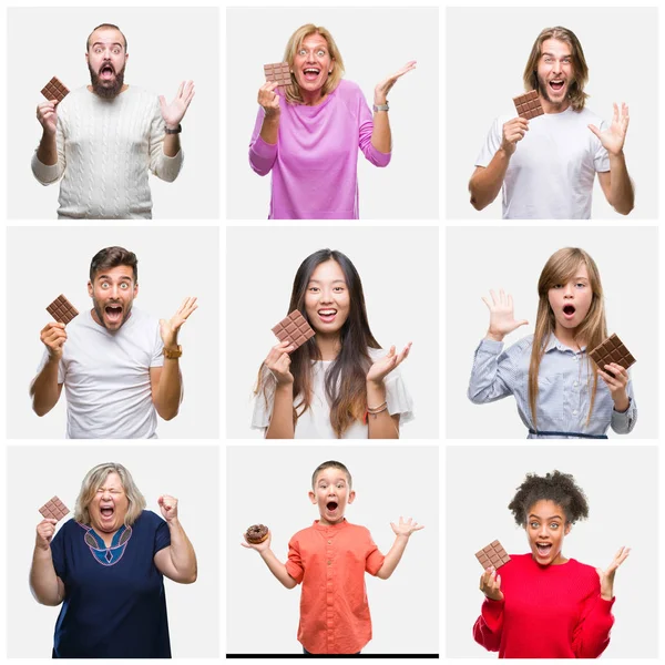 Collage Grupo Personas Comiendo Chocolate Sobre Fondo Aislado Muy Feliz — Foto de Stock