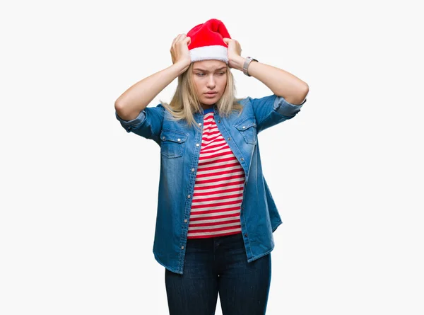 Giovane Donna Caucasica Indossa Cappello Natale Sfondo Isolato Che Soffre — Foto Stock