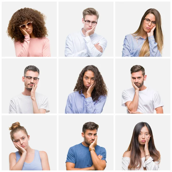 Collage Van Groep Jongeren Vrouw Mannen Witte Solated Achtergrond Denken — Stockfoto