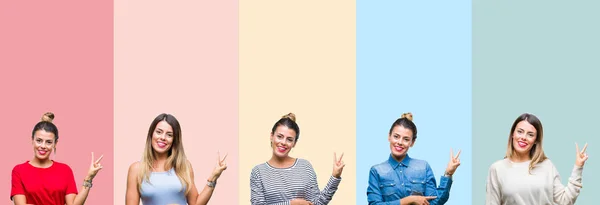 Collage Young Beautiful Woman Colorful Vintage Stripes Isolated Background Smiling — Stock Photo, Image