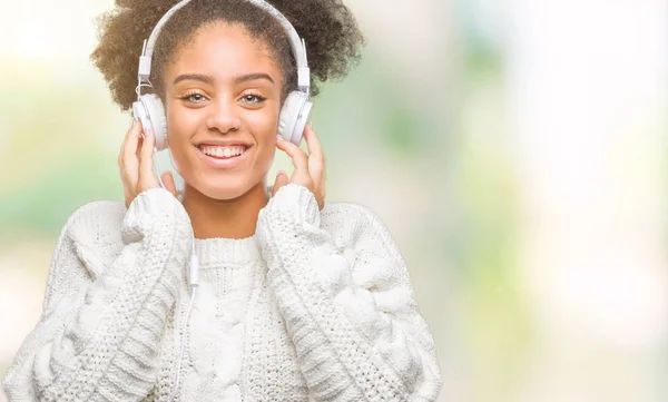 Jonge Afro Amerikaanse Vrouw Hoofdtelefoon Dragen Geïsoleerde Achtergrond Met Een — Stockfoto