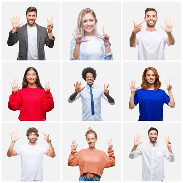 Collage Gruppen Unga Kvinna Och Män Över Isolerade Bakgrund Visar — Stockfoto