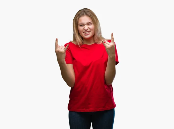 Young Caucasian Woman Isolated Background Shouting Crazy Expression Doing Rock — Stock Photo, Image