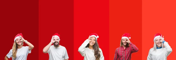 Collage Grupo Jóvenes Con Sombrero Crisma Sobre Fondo Aislado Haciendo —  Fotos de Stock