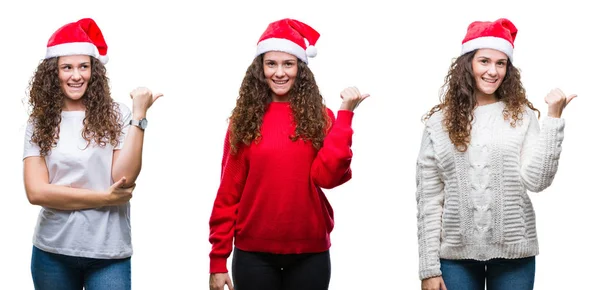 Collage Giovane Ragazza Bruna Che Indossa Cappello Natale Sfondo Isolato — Foto Stock