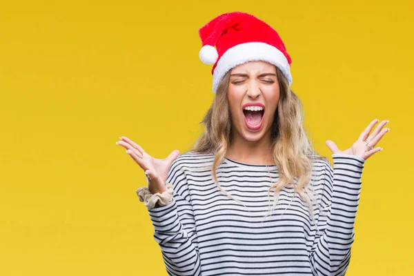 Üzerinde Noel Şapka Giyen Güzel Genç Sarışın Kadın Deli Çılgın — Stok fotoğraf