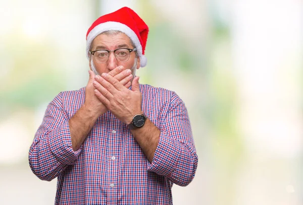 Pěkný Starší Muž Nosí Vánoční Čepice Izolované Pozadí Šokován Pokrývající — Stock fotografie