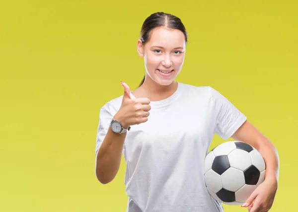 Fiatal Gyönyörű Kaukázusi Gazdaság Foci Futball Labda Elszigetelt Háttér Boldog — Stock Fotó