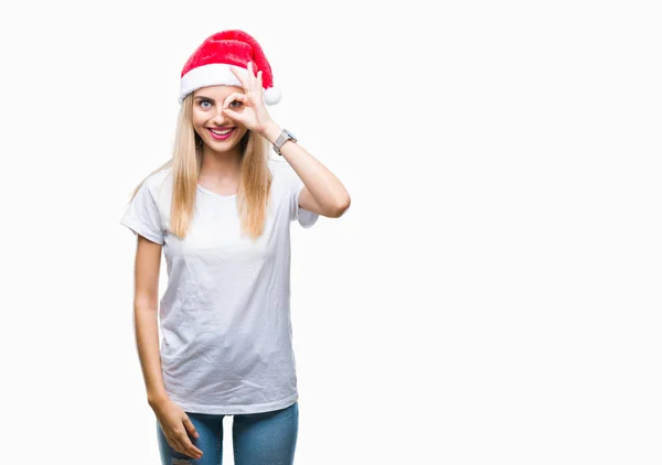 Genç Güzel Sarışın Kadın Noel Şapka Gülümseyen Parmakları Ile Mutlu — Stok fotoğraf