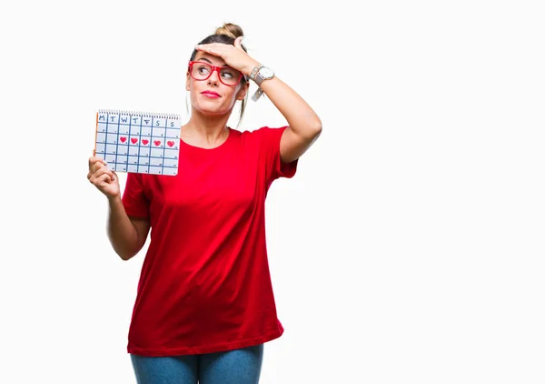 Jonge Mooie Vrouw Houdt Van Menstruatie Kalender Geïsoleerde Achtergrond Benadrukt — Stockfoto