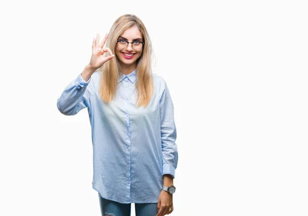 Ung Vacker Blond Affärskvinna Glasögon Över Isolerade Bakgrund Leende Positiva — Stockfoto