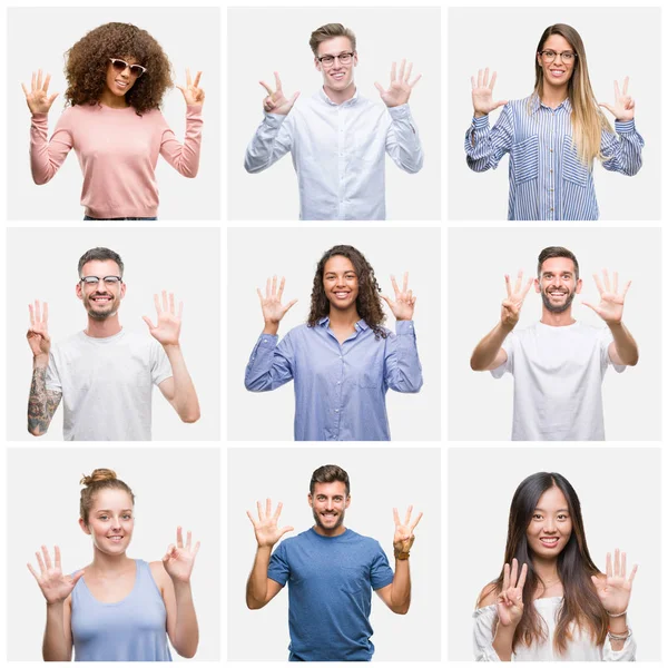 Collage Van Groep Jongeren Vrouw Mannen Witte Solated Achtergrond Weergeven — Stockfoto