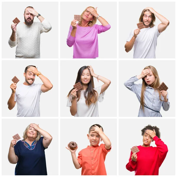 Collage Van Groep Mensen Eten Van Chocolade Geïsoleerde Achtergrond Benadrukt — Stockfoto