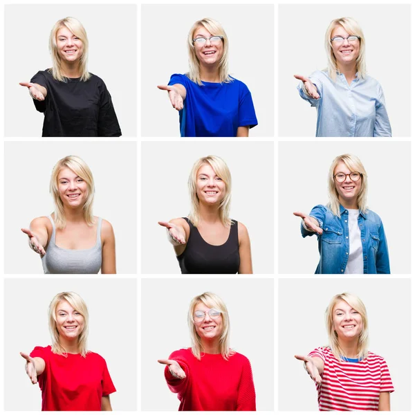 Collage Van Mooie Blonde Vrouw Dragen Differents Casual Kijkt Geïsoleerde — Stockfoto