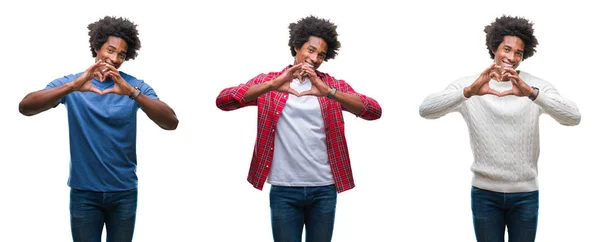 ハートマークと手で形を示す愛の笑みを浮かべて隔離された背景にアフリカ系アメリカ人の若いハンサムな男のコラージュ ロマンチックな概念 — ストック写真