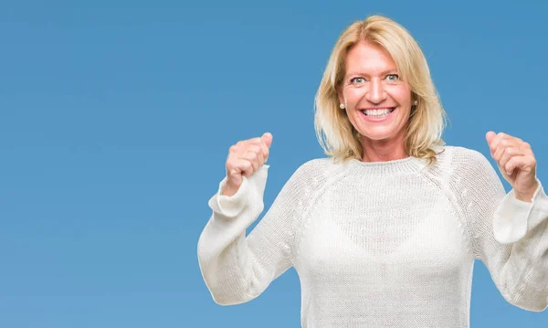 Middle Age Blonde Woman Wearing Winter Sweater Isolated Background Very — Stock Photo, Image