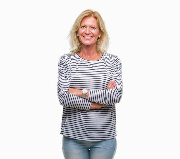 Mulher Loira Meia Idade Sobre Fundo Isolado Rosto Feliz Sorrindo — Fotografia de Stock