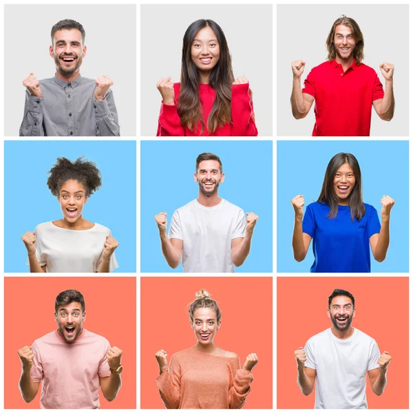 Collage Grupo Jóvenes Sobre Coloridos Antecedentes Aislados Celebrando Sorprendidos Sorprendidos — Foto de Stock