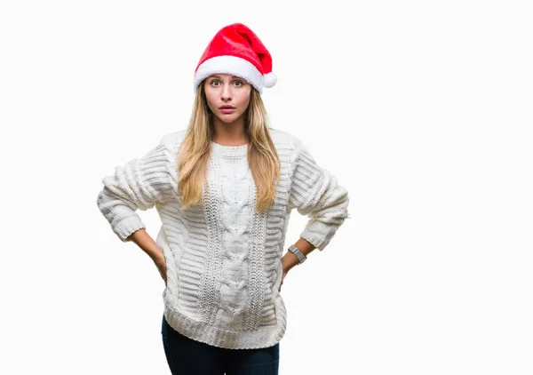 Joven Hermosa Mujer Rubia Con Sombrero Navidad Sobre Fondo Aislado — Foto de Stock