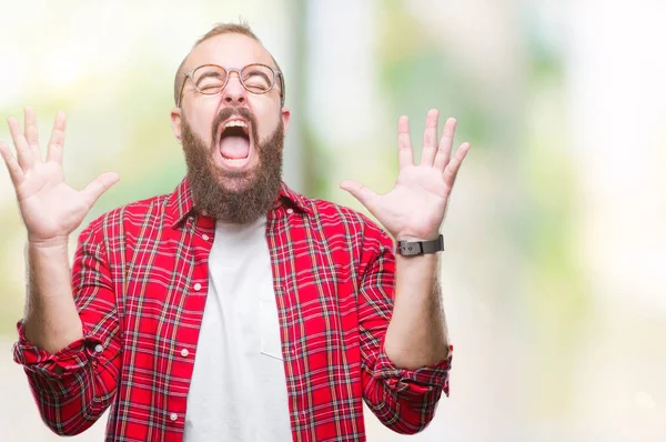 Joven Hombre Hipster Caucásico Con Gafas Sobre Fondo Aislado Loco — Foto de Stock