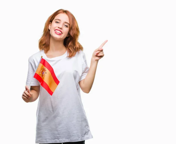Junge Schöne Frau Hält Spanische Fahne Über Isoliertem Hintergrund Und — Stockfoto
