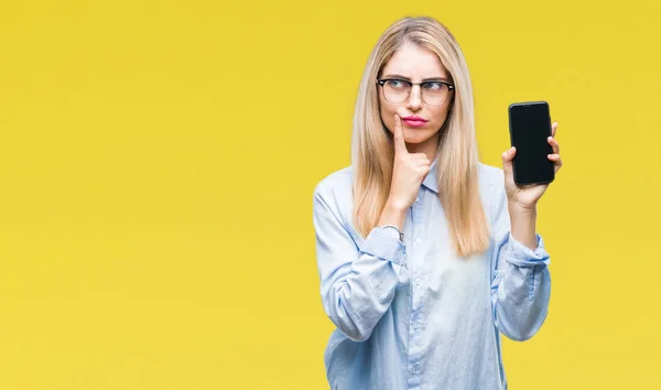 Young Beautiful Blonde Business Woman Showing Screen Smartphone Isolated Background — Stock Photo, Image