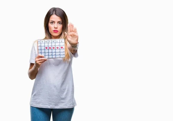 Young Beautiful Woman Holding Menstruation Calendar Isolated Background Open Hand — Stock Photo, Image