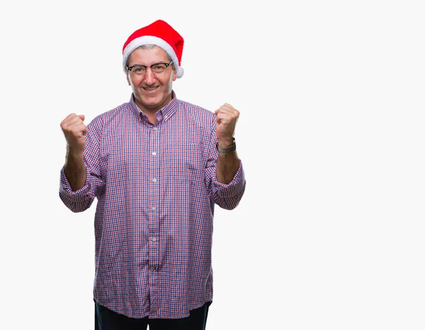 Bonito Homem Sênior Vestindo Chapéu Natal Sobre Fundo Isolado Celebrando — Fotografia de Stock