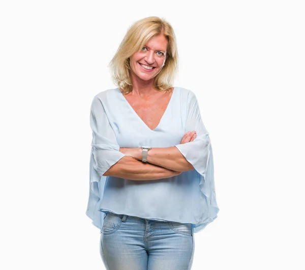 Medelålders Blond Affärskvinna Över Isolerade Bakgrund Glada Ansikte Ler Med — Stockfoto