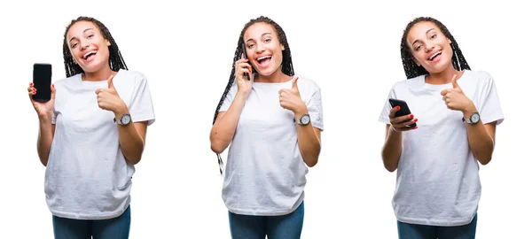 Collage Hermosa Mujer Afroamericana Usando Teléfono Inteligente Sobre Fondo Aislado — Foto de Stock