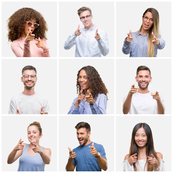 Collage Gruppo Giovani Donna Uomini Sfondo Bianco Solato Puntando Dita — Foto Stock