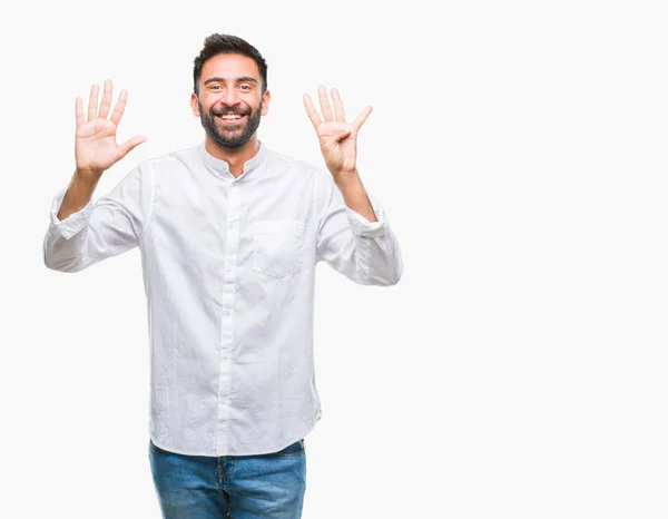 Hombre Hispano Adulto Sobre Fondo Aislado Mostrando Señalando Hacia Arriba —  Fotos de Stock