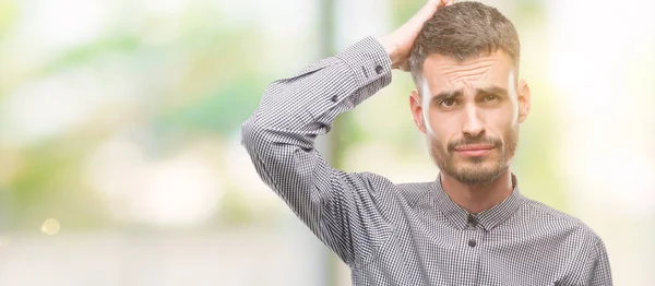 Young Hipster Man Confuse Wonder Question Uncertain Doubt Thinking Hand — Stock Photo, Image