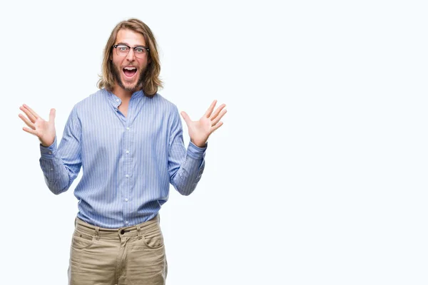 Young Handsome Man Long Hair Wearing Glasses Isolated Background Celebrating — Stock Photo, Image