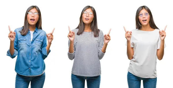 Collage Mujer Joven Asiática Pie Con Gafas Sobre Fondo Blanco — Foto de Stock