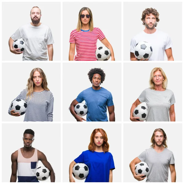 Colagem Grupo Jovens Idosos Segurando Bola Futebol Sobre Fundo Isolado — Fotografia de Stock