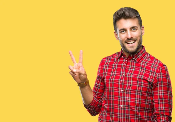 Joven Hombre Guapo Sobre Fondo Aislado Sonriendo Con Cara Feliz — Foto de Stock