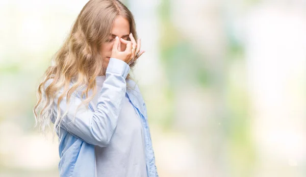 Beautiful Young Blonde Woman Isolated Background Tired Rubbing Nose Eyes — Stock Photo, Image