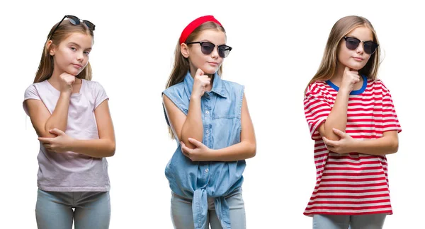 Collage Young Little Girl Kid Wearing Sunglasses Isolated Background Hand — Stock Photo, Image