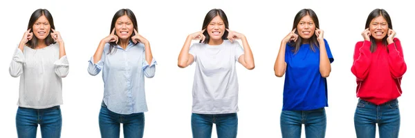 中国亚洲妇女的构成在孤立的背景覆盖耳朵用手指与恼火的表示为大声的音乐的噪声 聋哑人的概念 — 图库照片